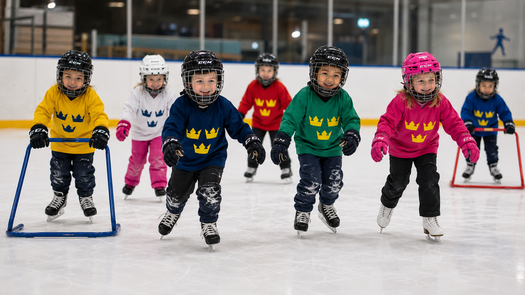 Barn i färgglada tröjor med hockeyhjälmar skridskoåkande på inomhusis, flera står i förgrunden.